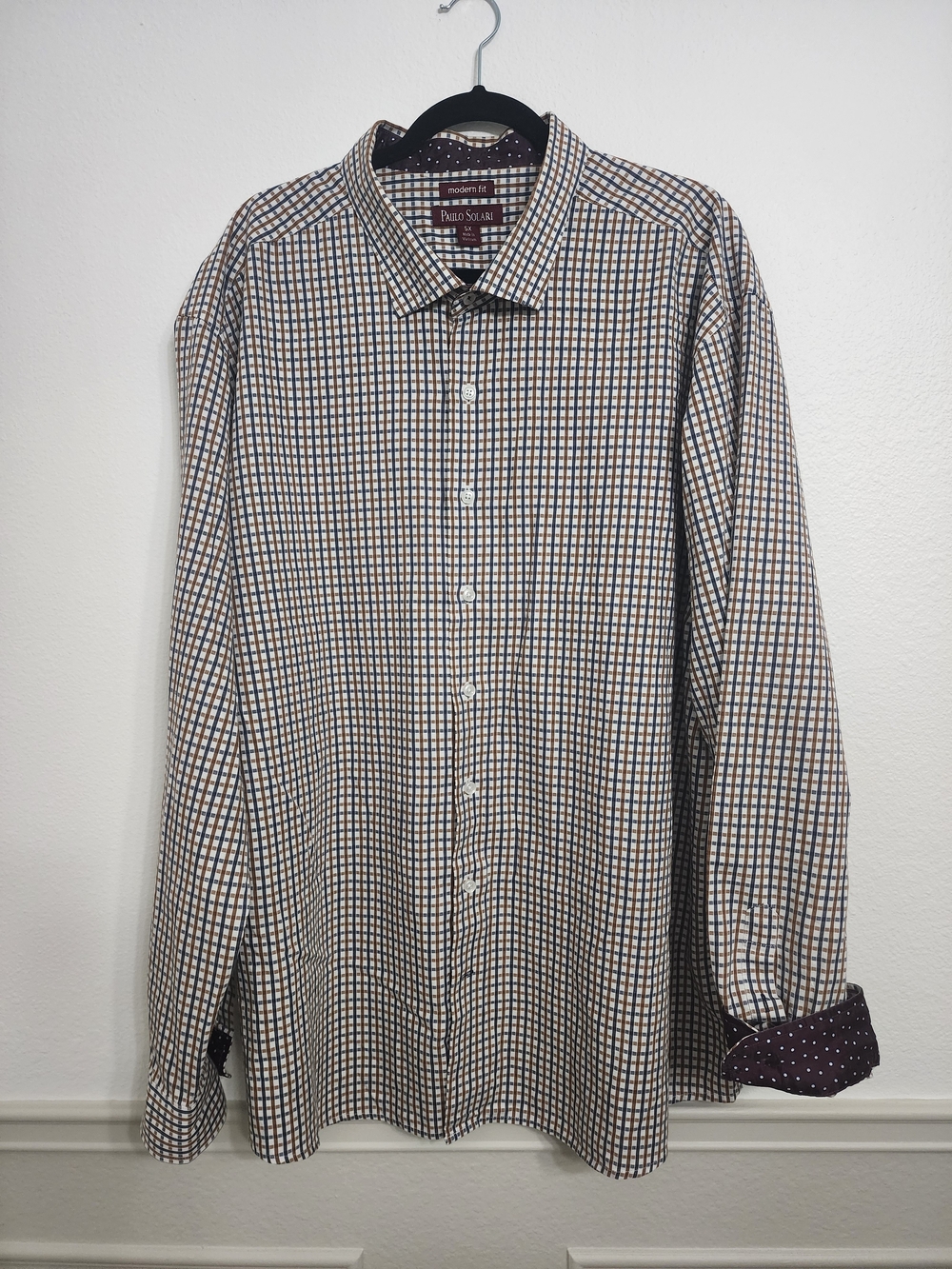 Paulo Solari Men's Long-Sleeve Checked Dress Shirt - White, Blue, Brown 5XL